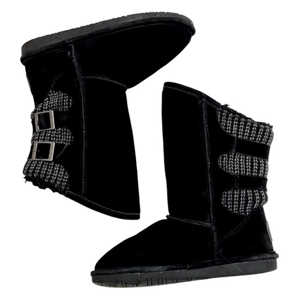 BearPaw Boshie Boot Suede Leather & Knit Black Gray Sherpa lined Woman’s Size 8 - Picture 5 of 9